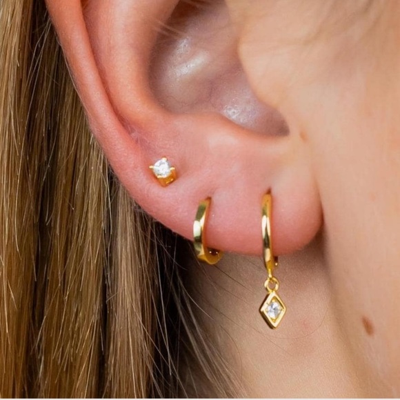 925 Sterling Silver Gold Mini Hoop Earrings with CZ Charm (Single Piece) - Picture 1 of 6